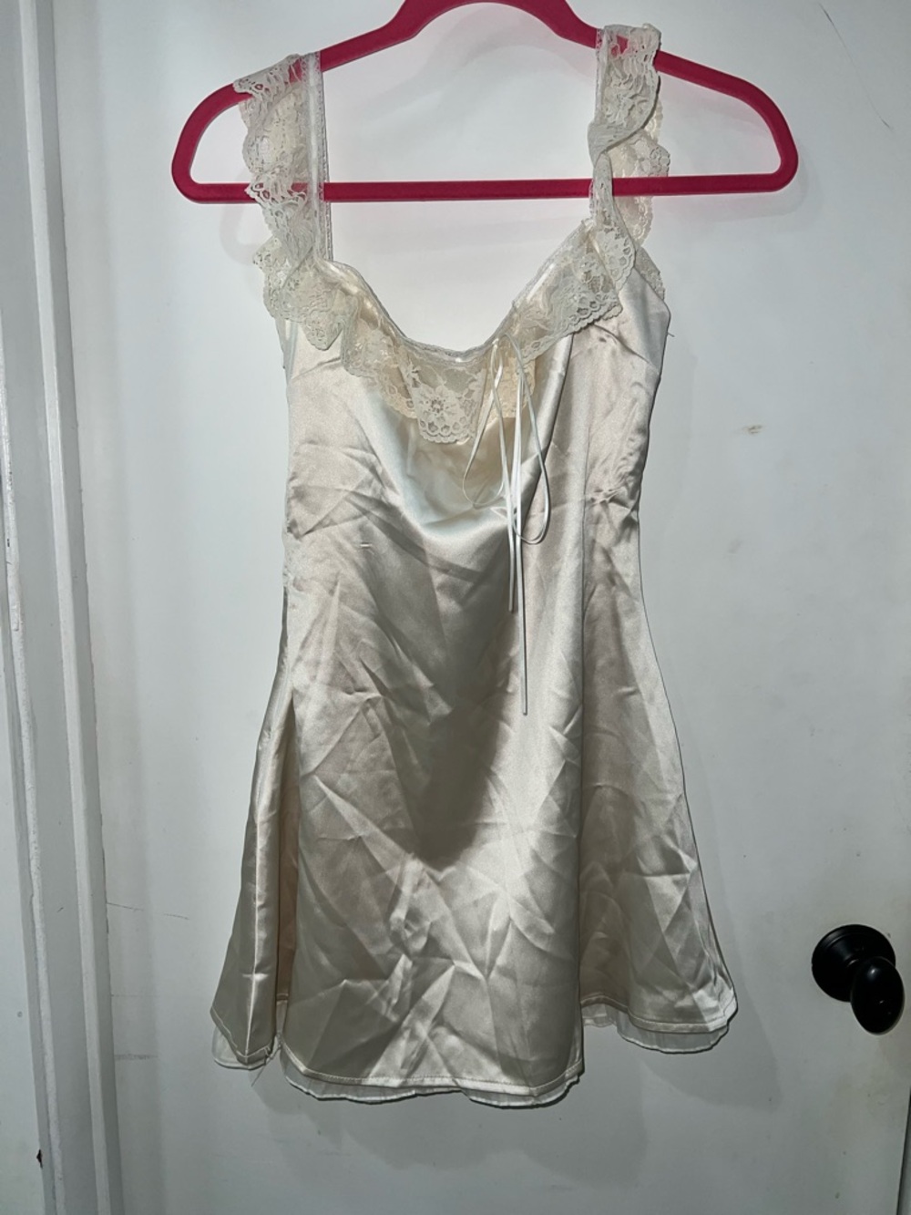 Lace-Trim Satin Chemise Slip — Cream